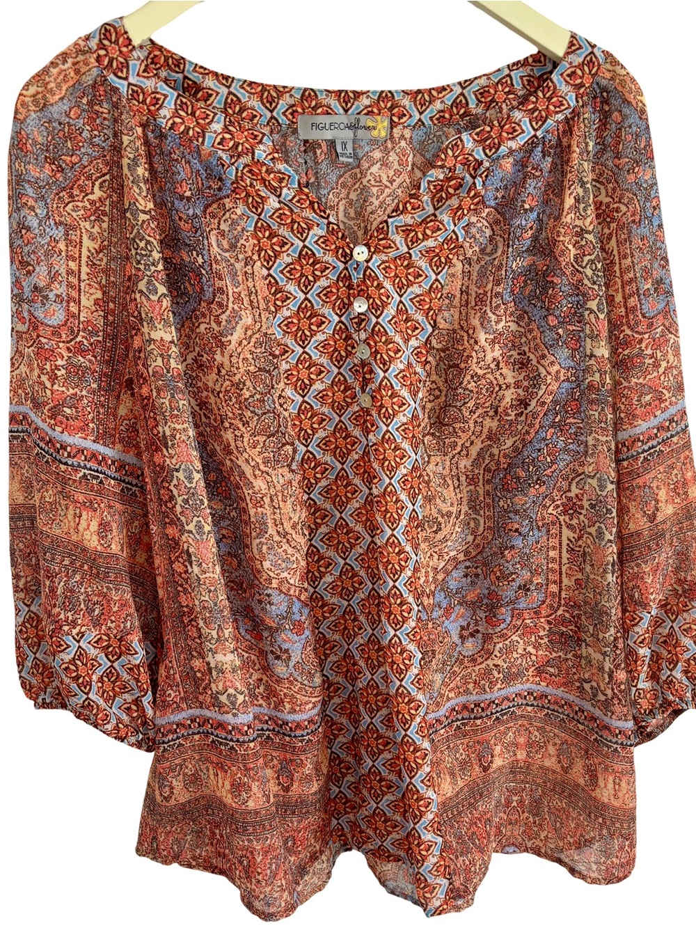 Figueroa Flower Patchwork Sz 1X Top Boho Hippie Semi Sheer Artsy Funky Geometric